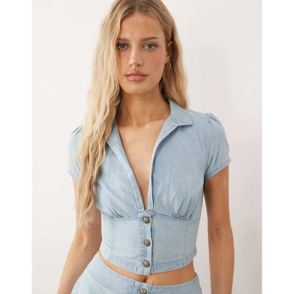 Free People Easy Does It Crop Cotton Button-Up Top Ice Crush S/P NWT $45